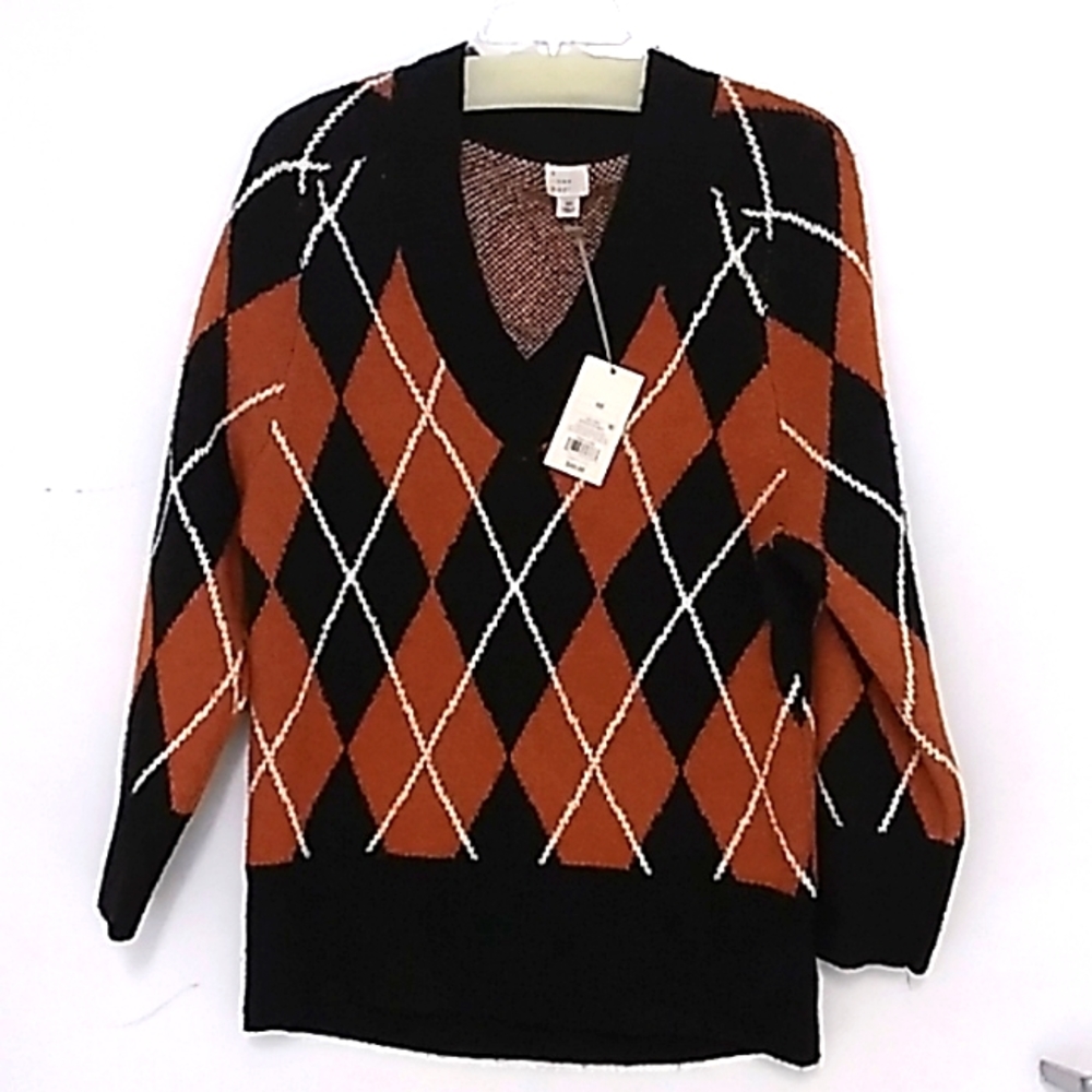 Ava & Viv ladies argyle style sweater small orange, black with white lines NWT